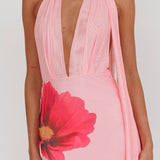 Italia Azure Halterneck Maxi Dress Flowers Pink