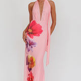 Italia Azure Halterneck Maxi Dress Flowers Pink