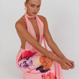Italia Azure Halterneck Maxi Dress Flowers Pink