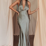 Italia Azure Halterneck Maxi Dress Khaki
