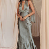 Italia Azure Halterneck Maxi Dress Khaki
