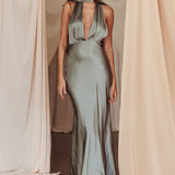 Italia Azure Halterneck Maxi Dress Khaki