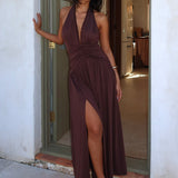 Tanya Halterneck Ruched Maxi Dress Chocolate