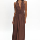 Tanya Halterneck Ruched Maxi Dress Chocolate