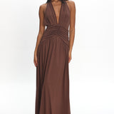 Tanya Halterneck Ruched Maxi Dress Chocolate