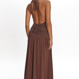 Tanya Halterneck Ruched Maxi Dress Chocolate