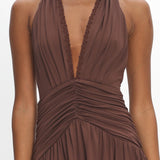 Tanya Halterneck Ruched Maxi Dress Chocolate