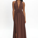 Tanya Halterneck Ruched Maxi Dress Chocolate
