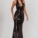Italia Azure Halterneck Sequin Maxi Dress Black