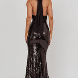 Italia Azure Halterneck Sequin Maxi Dress Black