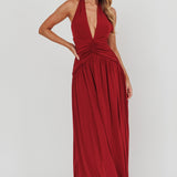 Italia Azure Gathered Waist Maxi Dress Wine