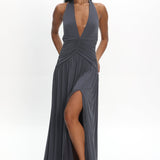 Italia Azure Gathered Waist Maxi Dress Charcoal