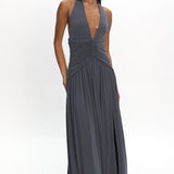Italia Azure Gathered Waist Maxi Dress Charcoal