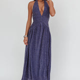 Italia Azure Gathered Waist Maxi Dress Shimmer Navy