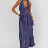 Italia Azure Gathered Waist Maxi Dress Shimmer Navy