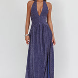 Italia Azure Gathered Waist Maxi Dress Shimmer Navy