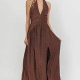 Italia Azure Gathered Waist Maxi Dress Shimmer Chocolate