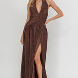 Italia Azure Gathered Waist Maxi Dress Shimmer Chocolate