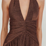 Italia Azure Gathered Waist Maxi Dress Shimmer Chocolate