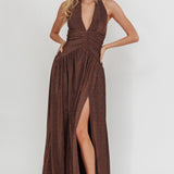 Italia Azure Gathered Waist Maxi Dress Shimmer Chocolate