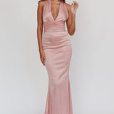Italia Azure Pleat Bodice Halterneck Maxi Dress Blush