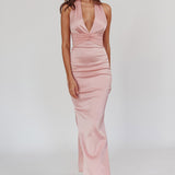 Italia Azure Pleat Bodice Halterneck Maxi Dress Blush