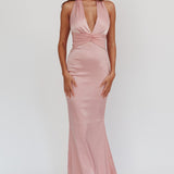 Italia Azure Pleat Bodice Halterneck Maxi Dress Blush