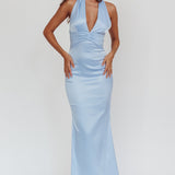 Italia Azure Pleat Bodice Halterneck Maxi Dress Light Blue