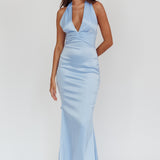 Italia Azure Pleat Bodice Halterneck Maxi Dress Light Blue