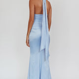 Italia Azure Pleat Bodice Halterneck Maxi Dress Light Blue