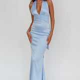 Italia Azure Pleat Bodice Halterneck Maxi Dress Light Blue