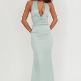 Italia Azure Pleat Bodice Halterneck Maxi Dress Sage