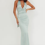 Italia Azure Pleat Bodice Halterneck Maxi Dress Sage