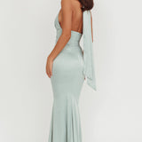 Italia Azure Pleat Bodice Halterneck Maxi Dress Sage