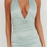 Italia Azure Pleat Bodice Halterneck Maxi Dress Sage