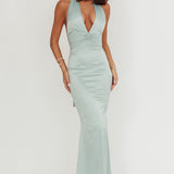 Italia Azure Pleat Bodice Halterneck Maxi Dress Sage