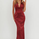 Italia Azure Pleat Bodice Halterneck Maxi Dress Wine