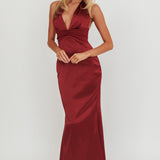 Italia Azure Pleat Bodice Halterneck Maxi Dress Wine