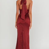 Italia Azure Pleat Bodice Halterneck Maxi Dress Wine