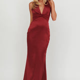 Italia Azure Pleat Bodice Halterneck Maxi Dress Wine