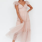 Amal Ruffle Shoulder Tulle Midi Dress Nude