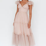 Amal Ruffle Shoulder Tulle Midi Dress Nude