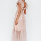 Amal Ruffle Shoulder Tulle Midi Dress Nude