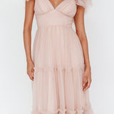 Amal Ruffle Shoulder Tulle Midi Dress Nude