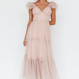Amal Ruffle Shoulder Tulle Midi Dress Nude