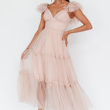 Amal Ruffle Shoulder Tulle Midi Dress Nude