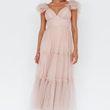 Amal Ruffle Shoulder Tulle Midi Dress Nude