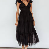 Amal Ruffle Shoulder Tulle Midi Dress Black
