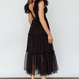Amal Ruffle Shoulder Tulle Midi Dress Black