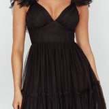 Amal Ruffle Shoulder Tulle Midi Dress Black
